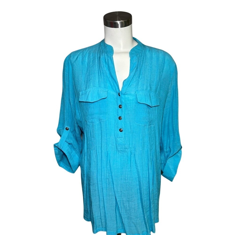 Cocomo Woman Size 1X Teal Blue Tunic, Pleated Front Gatgered Back Good Condition